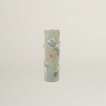 Dragonfly Meadow ceramic planter with iridescent glaze and 3D dragonfly detail, decorative pastel planter for indoor plants and home décor.
