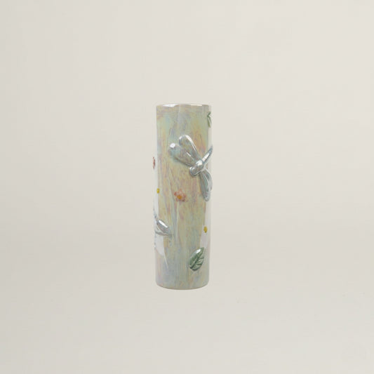 Dragonfly Meadow ceramic planter with iridescent glaze and 3D dragonfly detail, decorative pastel planter for indoor plants and home décor.