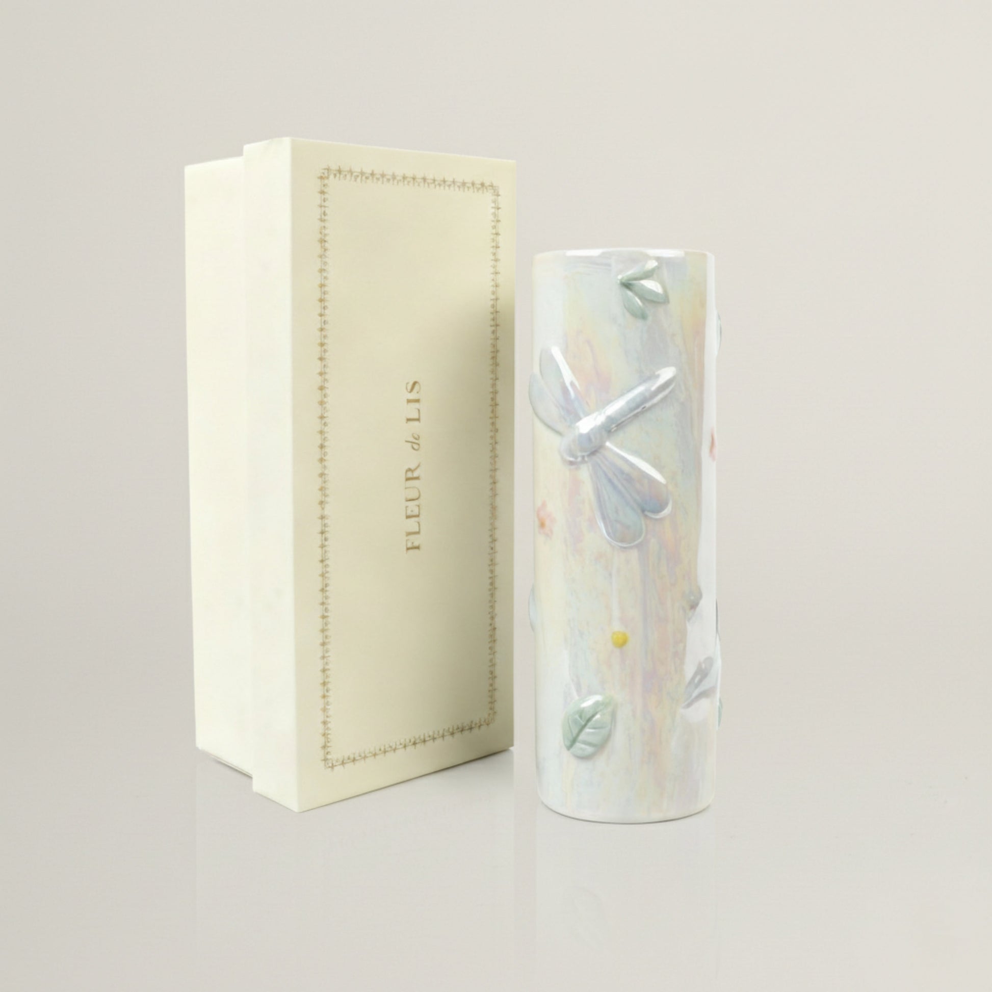 Dragonfly Meadow ceramic planter with luxury gift box packaging, iridescent ceramic dragonfly planter ideal for housewarming and festive gifting.