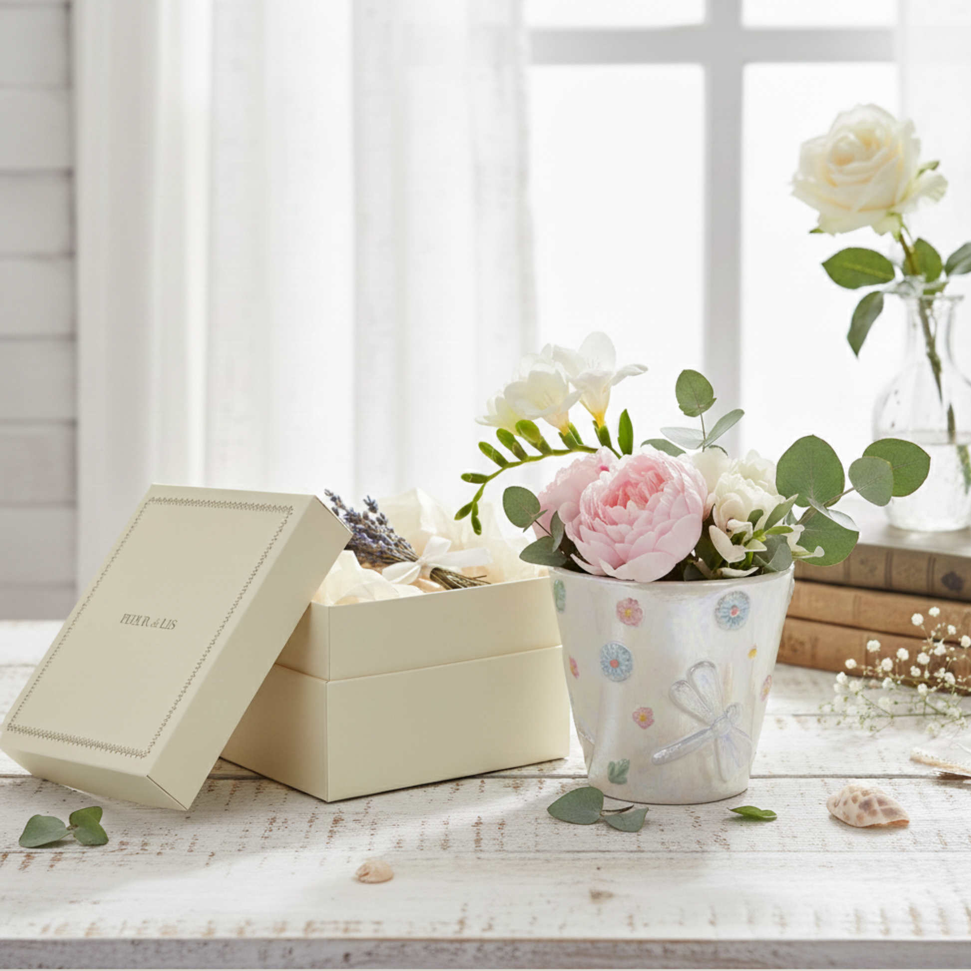 Large iridescent ceramic dragonfly planter with pastel floral medallions, stylish decorative flower pot for living room or table display.