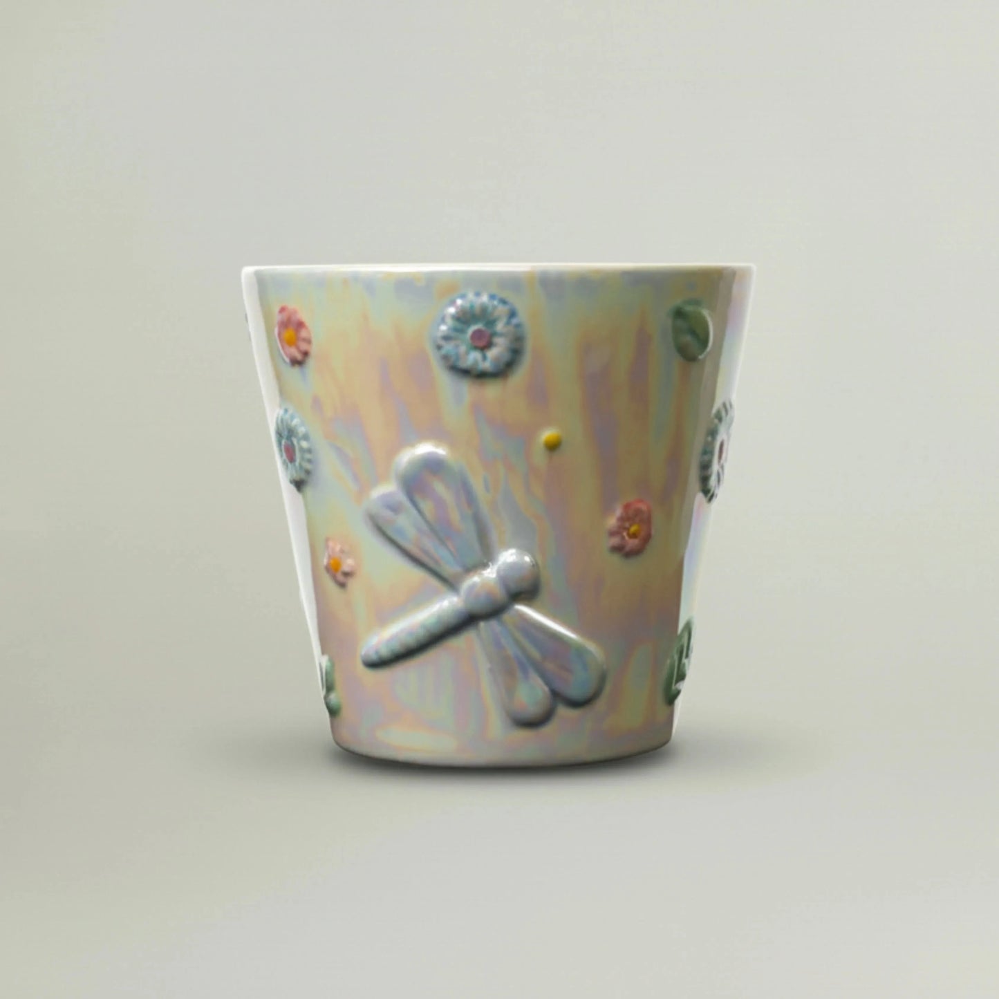 Large Dragonfly Planter with floral embossed details and lustrous iridescent glaze, decorative ceramic planter ideal for flowers and modern home décor gifting.