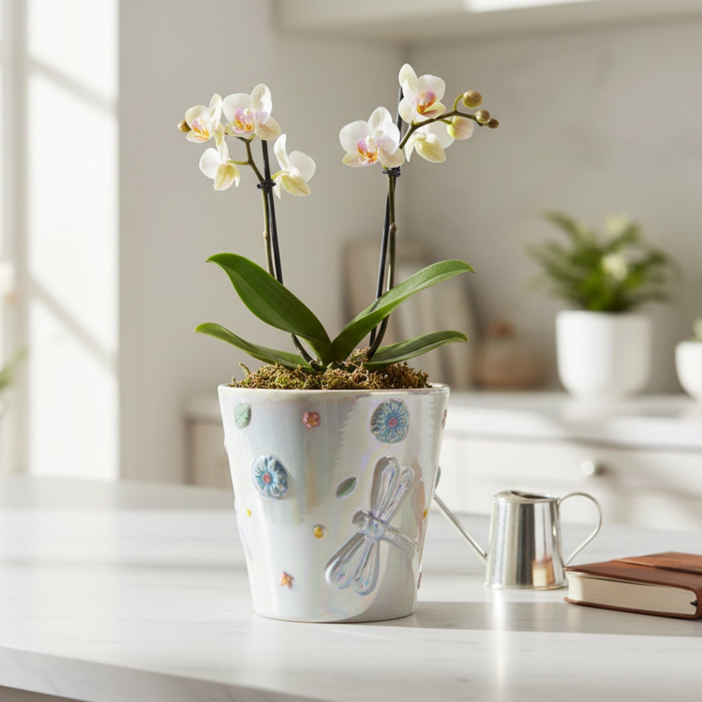 Small iridescent dragonfly ceramic planter styled with indoor plant, elegant decorative pot for kitchen, office, or bedside décor.