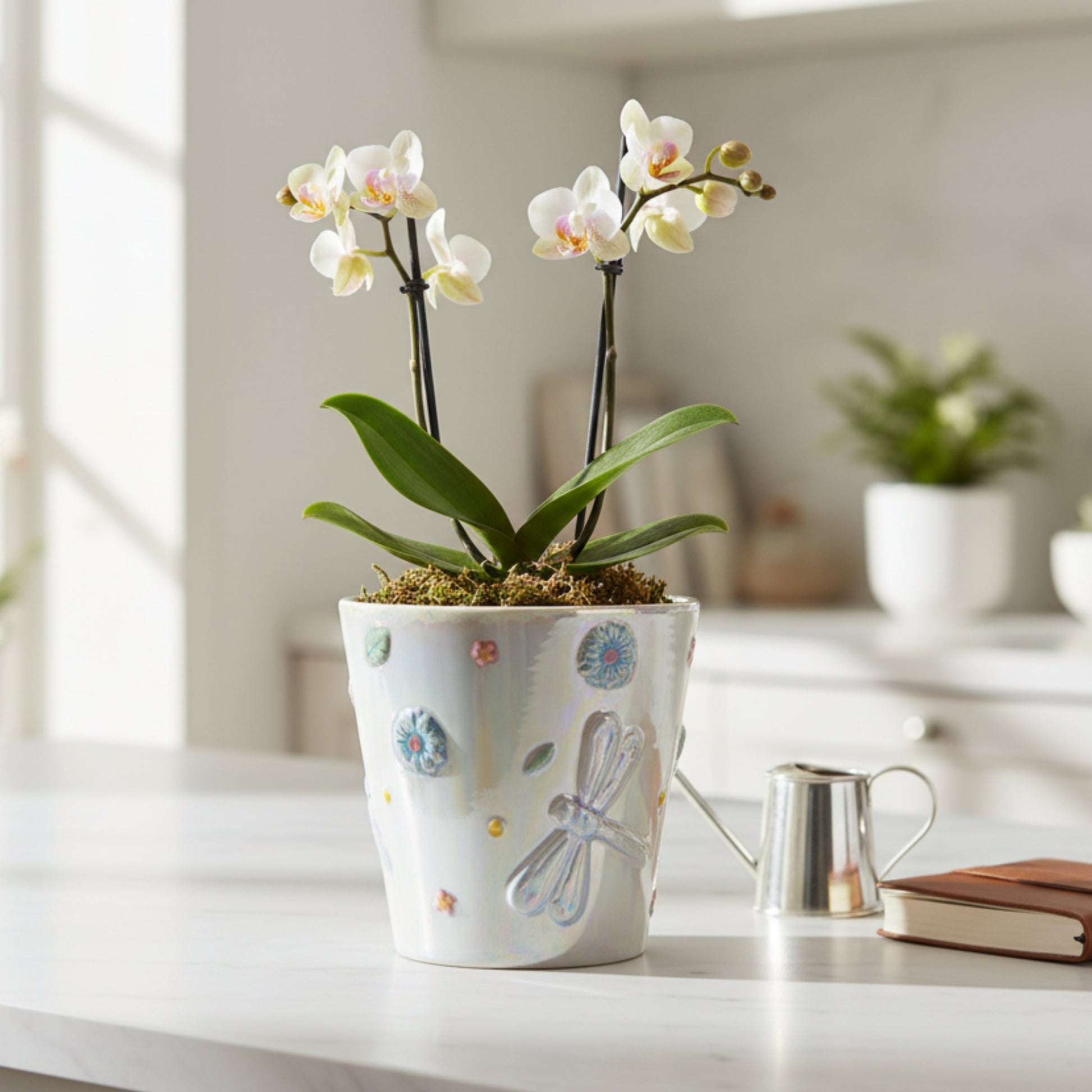 Small iridescent dragonfly ceramic planter styled with indoor plant, elegant decorative pot for kitchen, office, or bedside décor.
