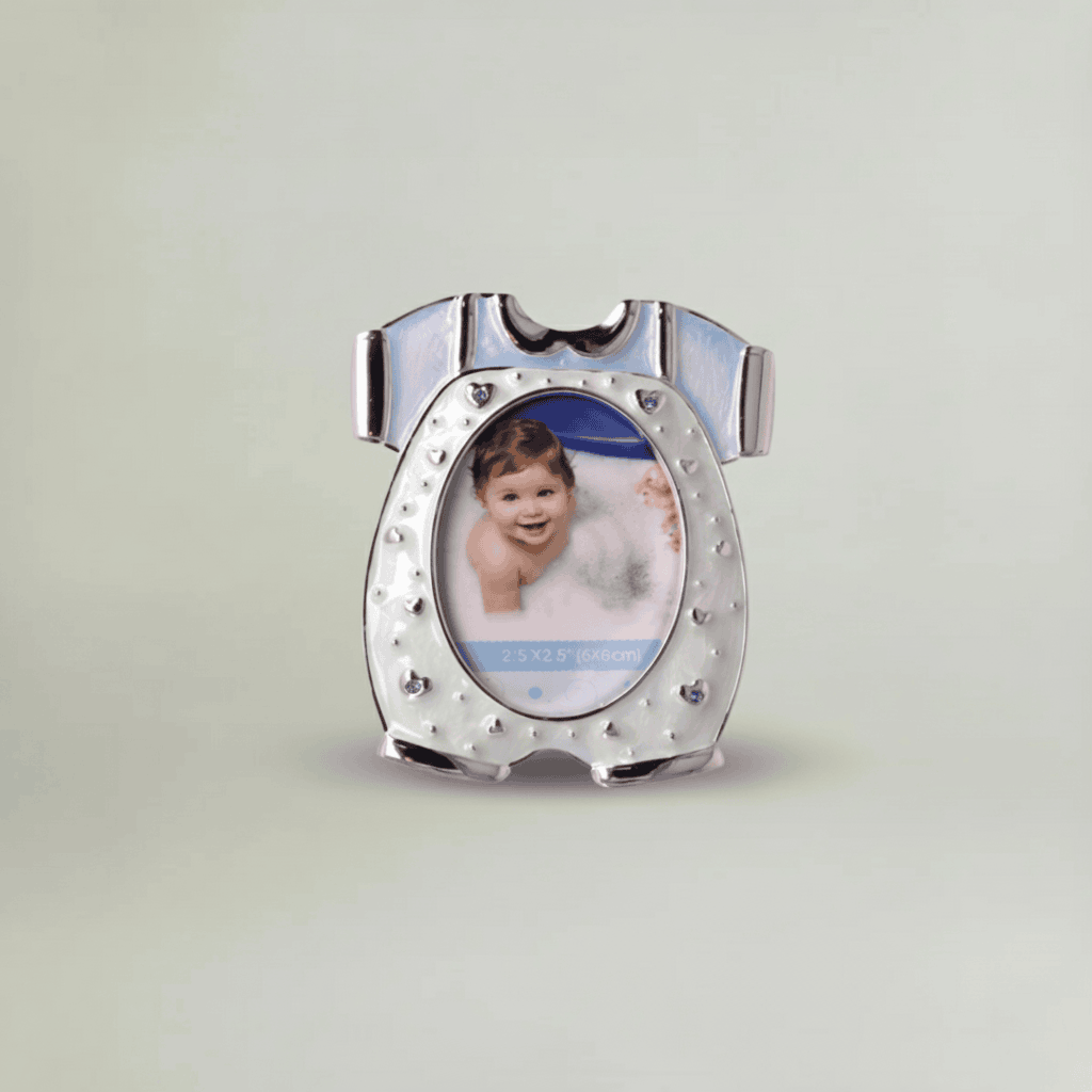 Pastel aqua baby onesie photo frame with enamel finish and rhinestone detailing, decorative newborn keepsake frame for milestone photos