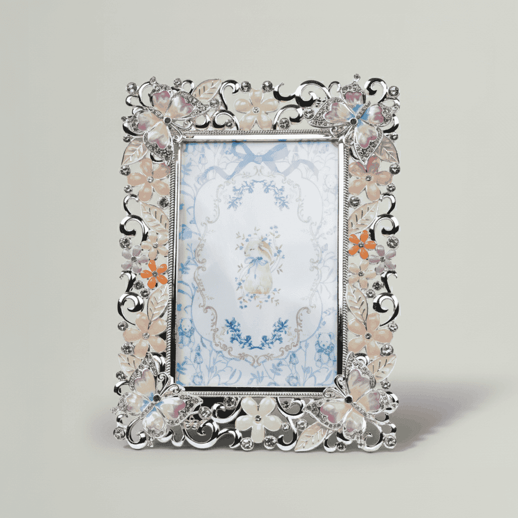 Decorative photo frame with floral design on a light gray background