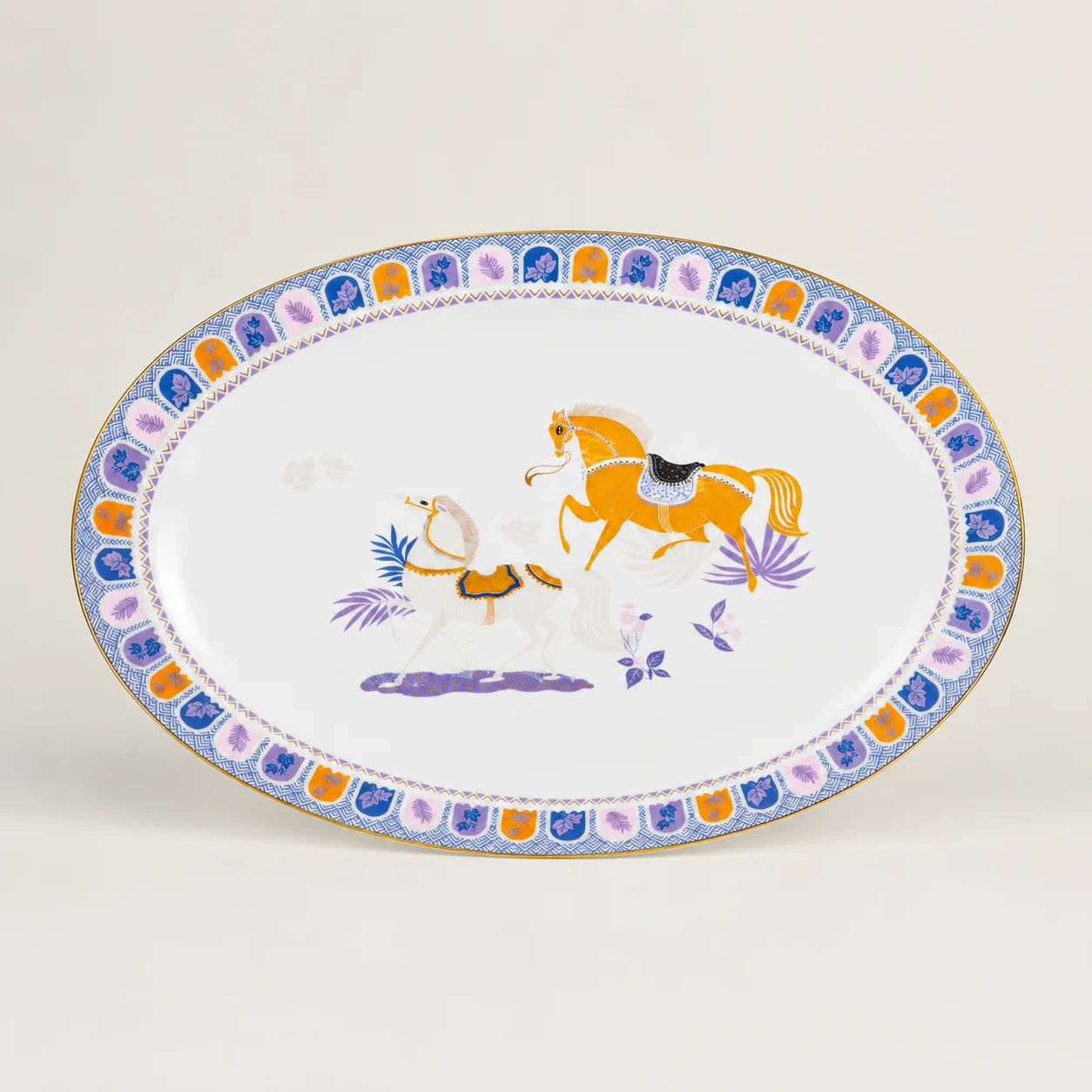 Oval serving platter with horse motif and blue lavender decorative border.