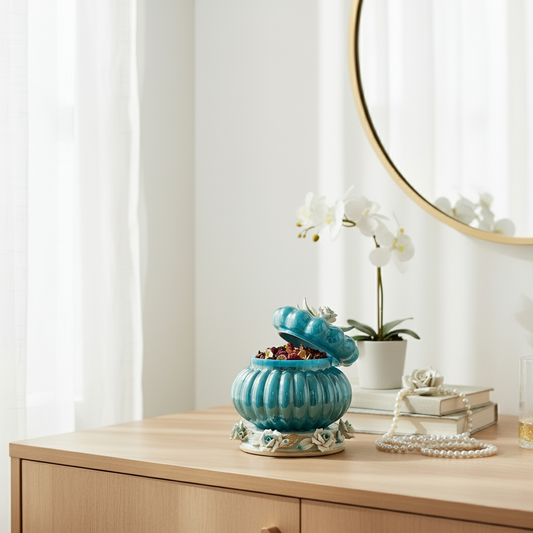 Azzure Cresta decorative jar by Fleur De Lis styled as luxury blue home décor, open to reveal potpourri with floral detailing in an elegant interior setting.