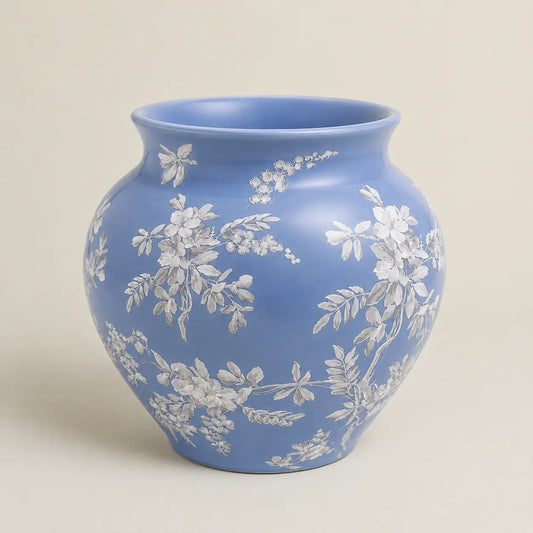 Fleur de Lis blue ceramic vase with delicate white floral detailing.