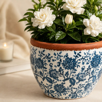 Blue floral ceramic planter styled with white gardenias in a cozy home setting.