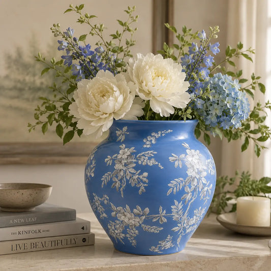 Fleur de Lis blue floral vase styled with white peonies and hydrangeas.