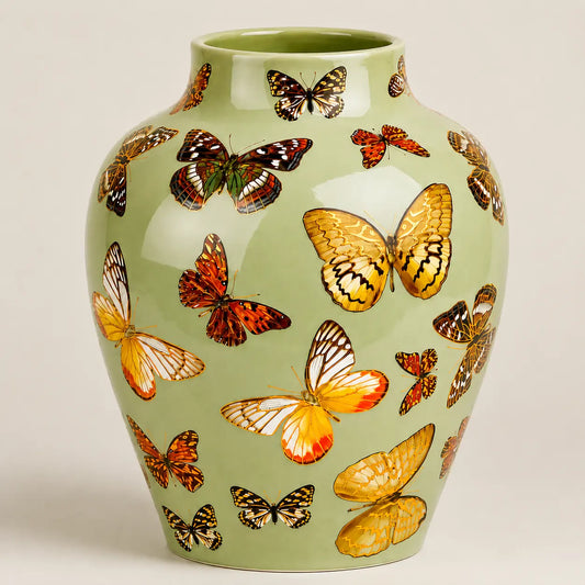 Fleur de Lis sage green ceramic vase with colorful butterfly artwork.
