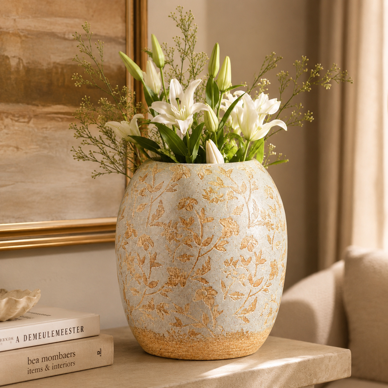 Fleur de Lis floral ceramic vase styled with white lilies in a luxury living room.