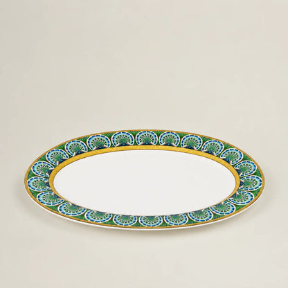 Luxury oval serving platter with emerald and blue ornamental border and gold detailing.