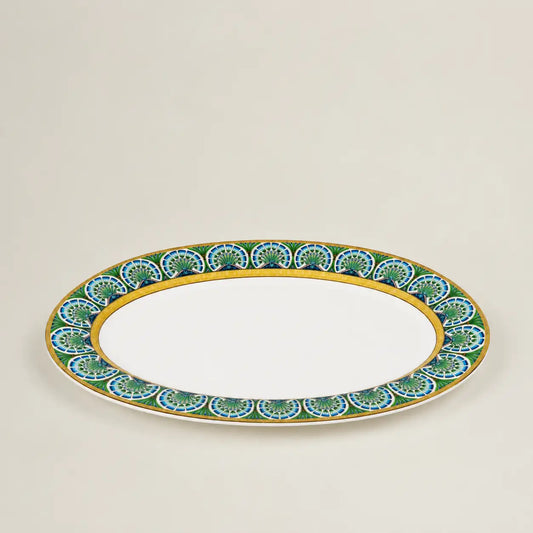 Luxury oval serving platter with emerald and blue ornamental border and gold detailing.
