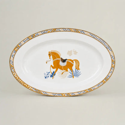 Fleur de Lis oval porcelain platter with horse motif and gold geometric border.