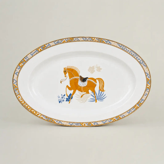 Fleur de Lis oval porcelain platter with horse motif and gold geometric border.
