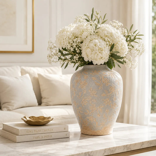 Floral ceramic vase styled with white hydrangeas in a luxury living room setting.