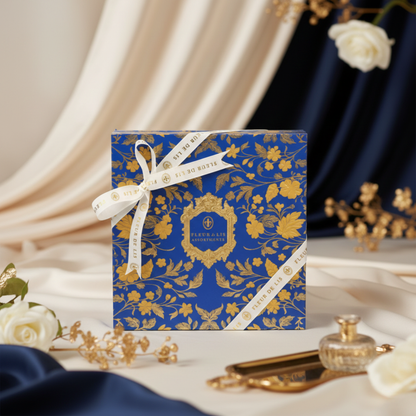 Fleur de Lis luxury gift hamper box in blue and gold, styled with elegant accessories and soft fabrics for a premium presentation.