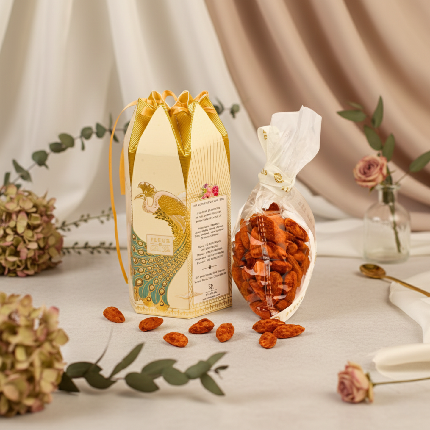 Luxury gourmet almonds by Fleur de Lis displayed in decorative packaging with floral styling, ideal for refined gifting.