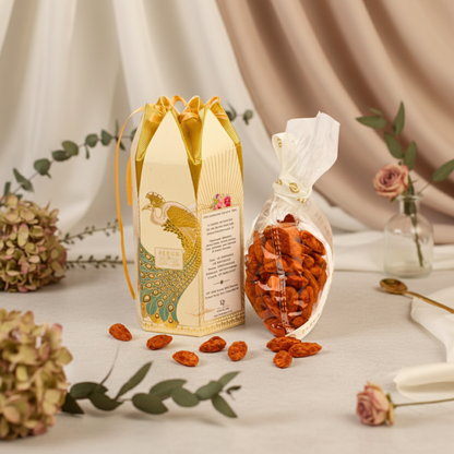 Luxury gourmet almonds by Fleur de Lis displayed in decorative packaging with floral styling, ideal for refined gifting.