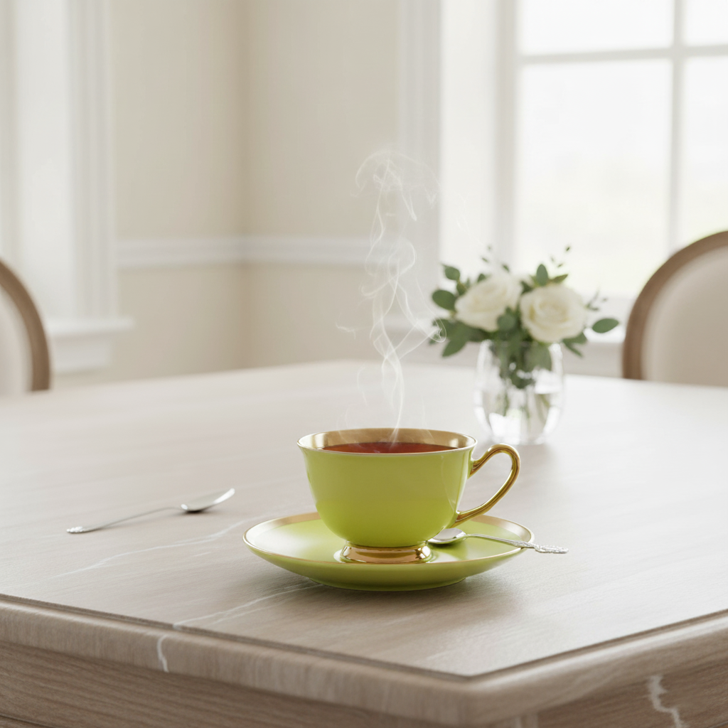 Green tea cup and saucer with steam on elegant dining table