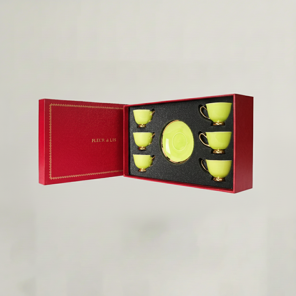 Green tea cup and saucer gift set in premium Fleur de Lis box