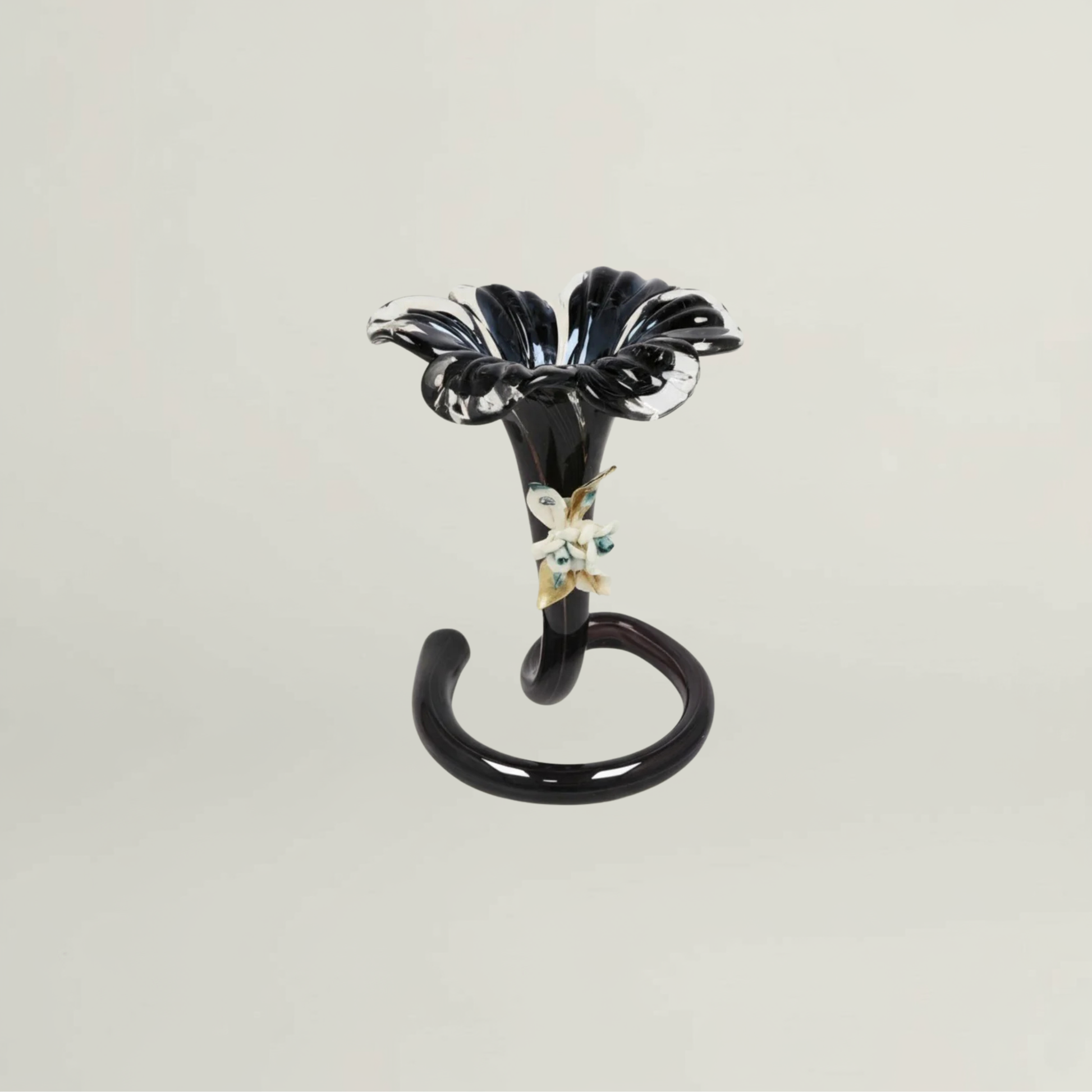 Luna black sculptural decorative vase by Fleur De Lis with calla lily–inspired flared top, curved base, and glossy artistic finish.