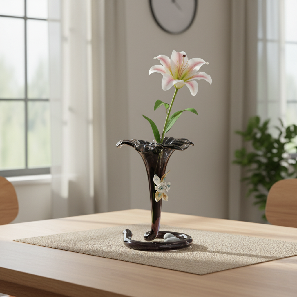 Luna sculptural black vase by Fleur De Lis styled on a dining table with a single flower, showcasing modern luxury home décor.