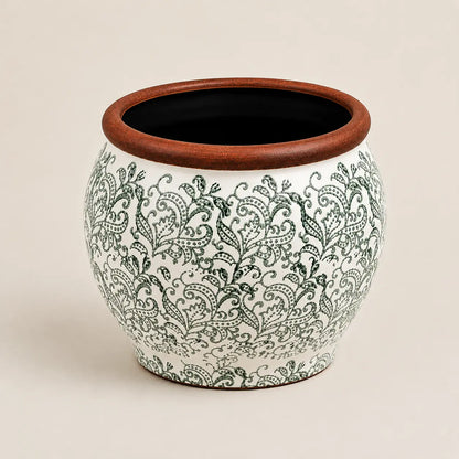 Medium ceramic planter featuring intricate green paisley artwork.