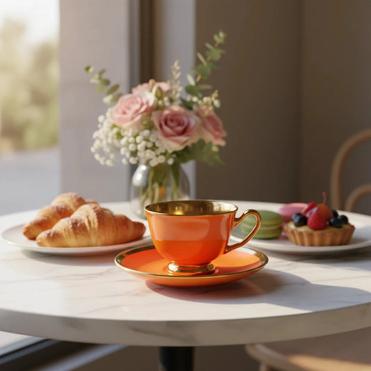 Luxury orange tea cup and saucer styled on breakfast table by Fleur de Lis