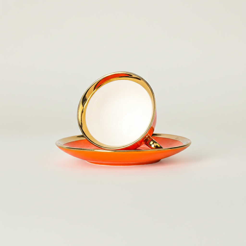 Orange tea cup placed upside down on matching saucer with gold detailing