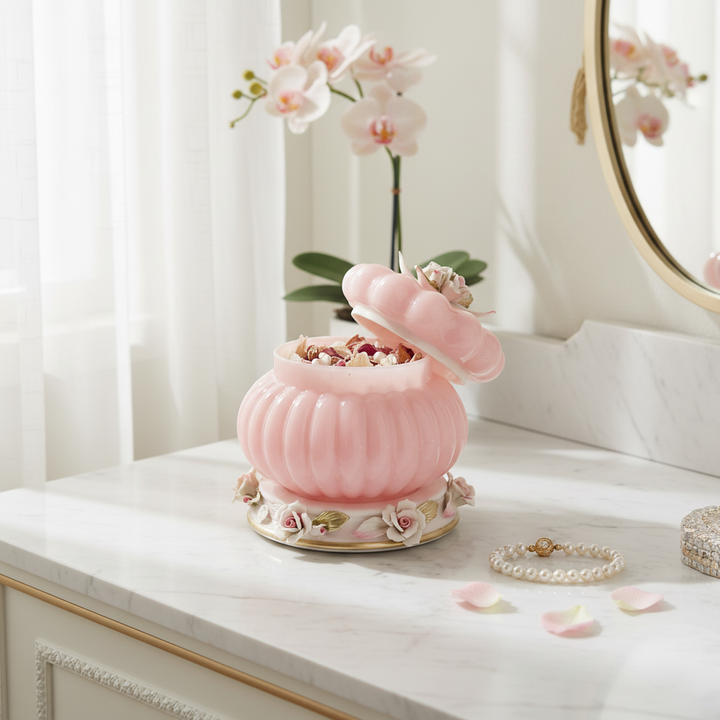Pink Cresta decorative jar by Fleur De Lis styled on a marble vanity, open to reveal potpourri, showcasing luxury pink home décor with floral detailing.