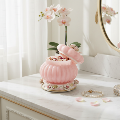 Pink Cresta decorative jar by Fleur De Lis styled on a marble vanity, open to reveal potpourri, showcasing luxury pink home décor with floral detailing.