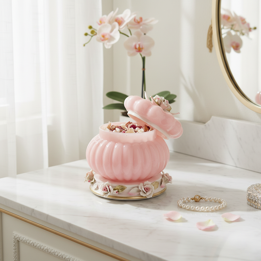 Pink Cresta decorative jar by Fleur De Lis styled on a marble vanity, open to reveal potpourri, showcasing luxury pink home décor with floral detailing.