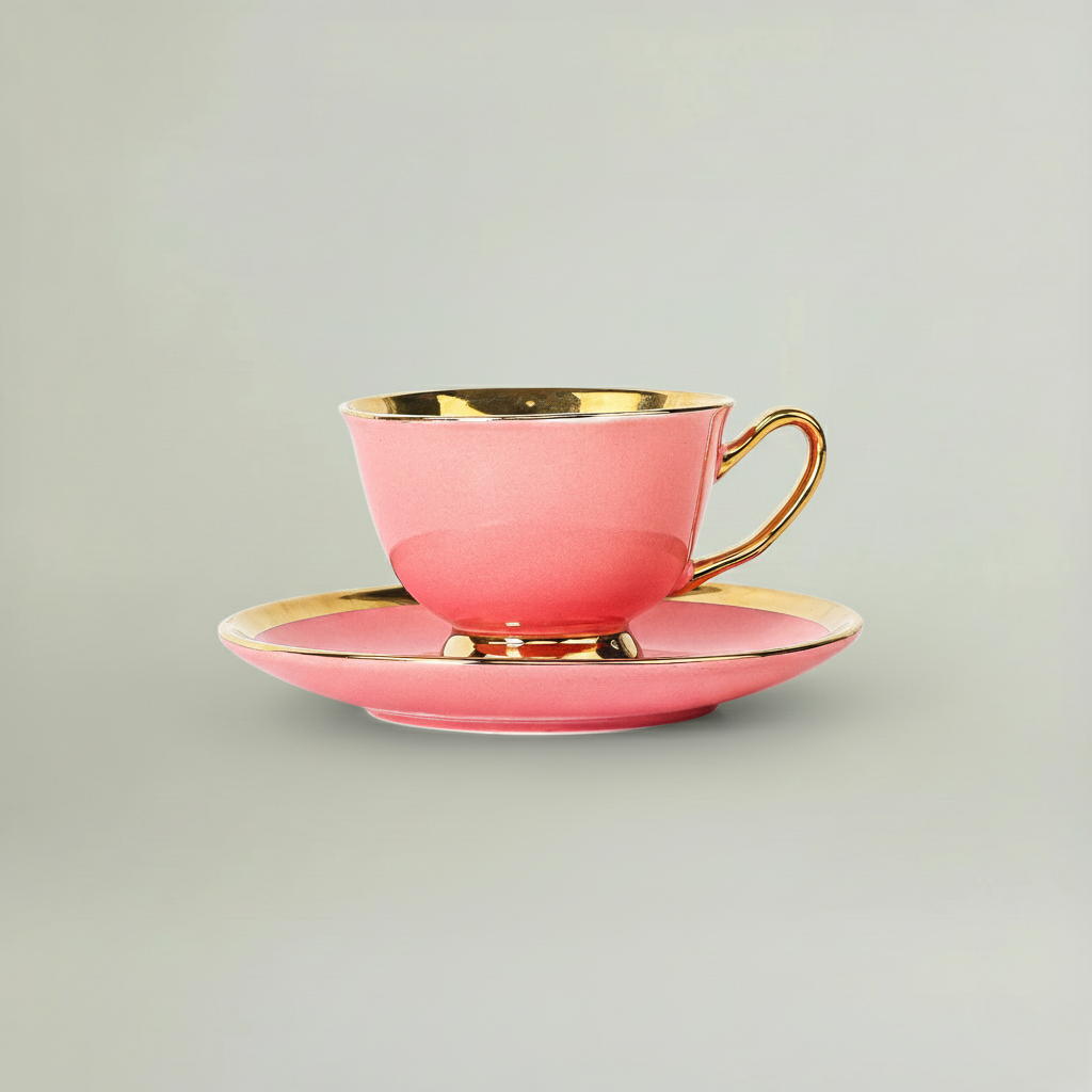 Blush pink porcelain tea cup and saucer with gold accents