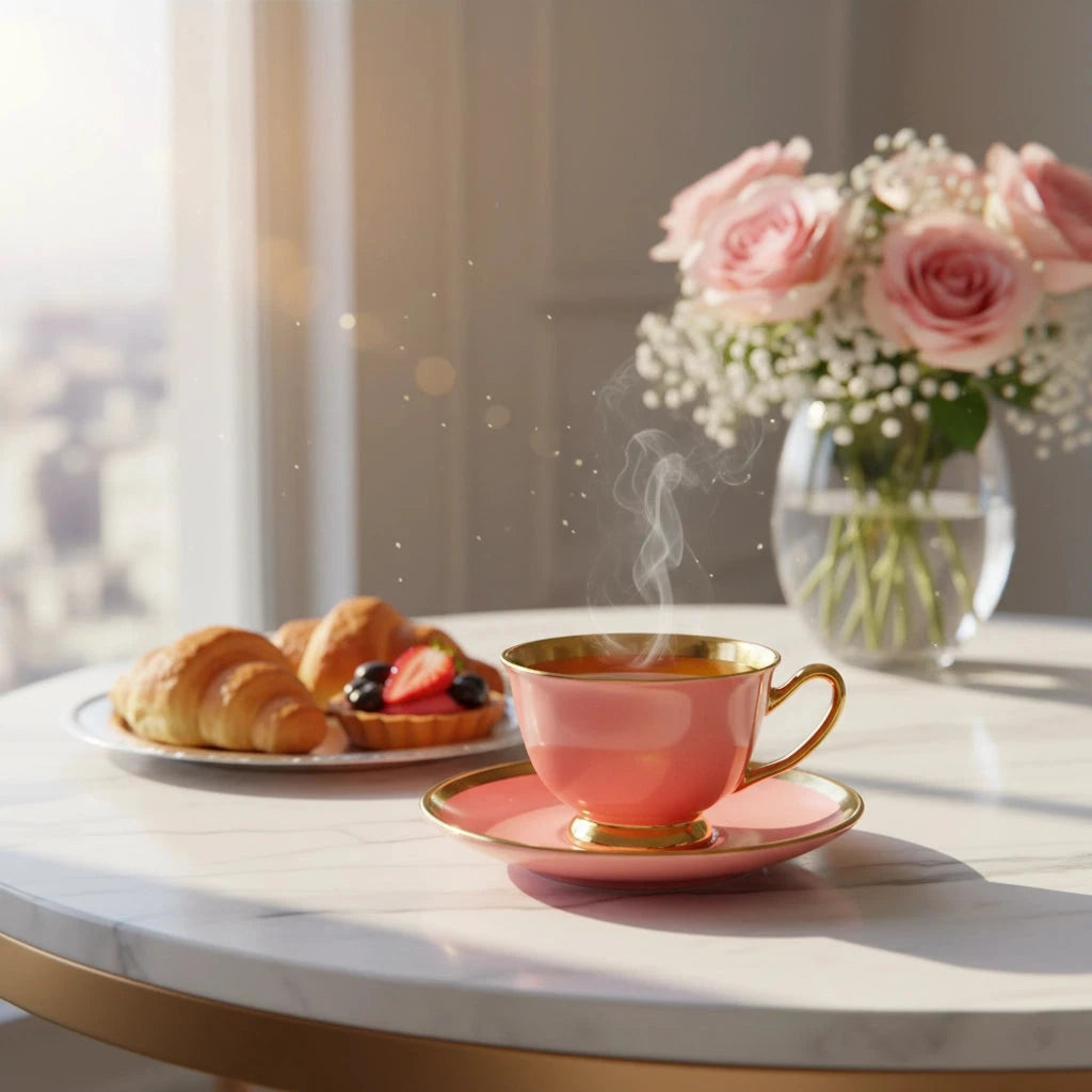 Pink tea cup and saucer styled with pastries and florals