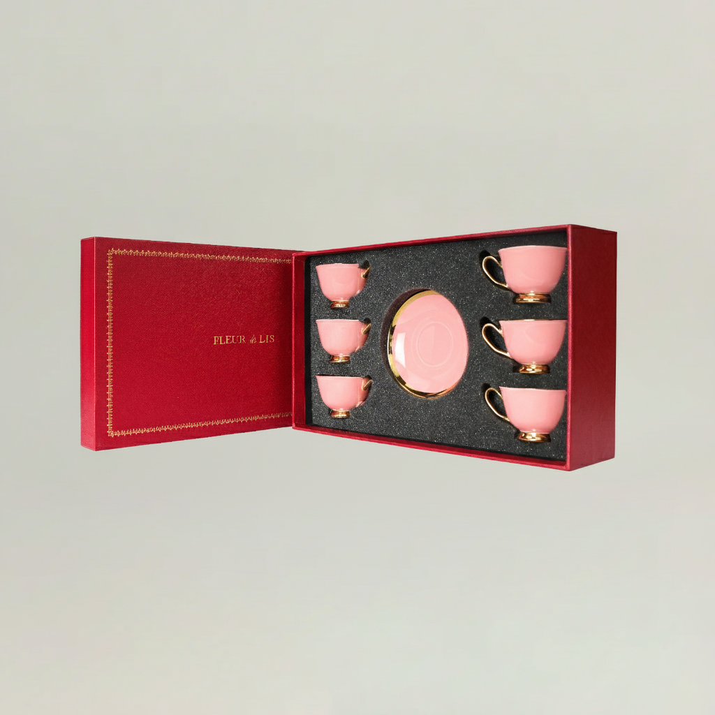 Pink tea cup and saucer set in luxury Fleur de Lis presentation box
