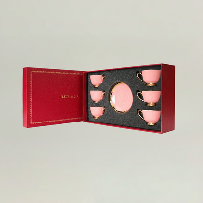 Pink tea cup and saucer set in luxury Fleur de Lis presentation box