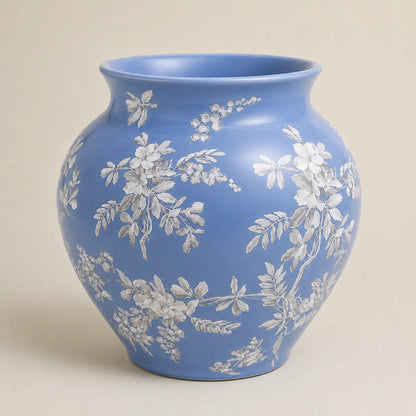 Fleur de Lis powder blue vase featuring elegant white botanical motifs.