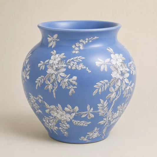Fleur de Lis powder blue vase featuring elegant white botanical motifs.