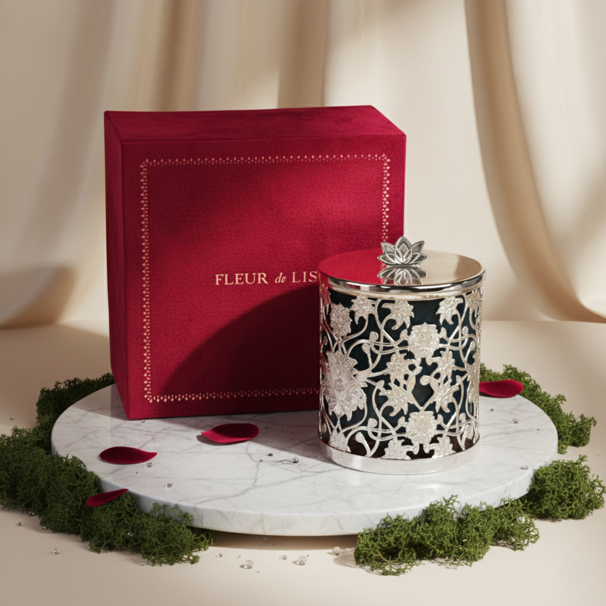 Elegant silver floral candle paired with a signature red Fleur de Lis gift box, styled on a marble base for a refined luxury gifting experience.