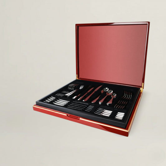 Sottile 42-piece luxury stainless steel cutlery set by Fleur De Lis presented in an elegant wooden box with felt lining and mirror-polished flatware.