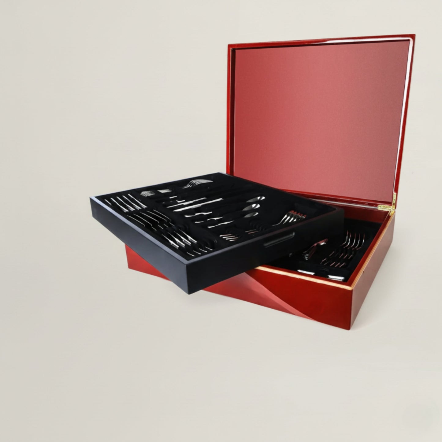 Sottile 84-piece luxury stainless steel cutlery set by Fleur De Lis displayed in a premium wooden box with mirror-polished flatware.