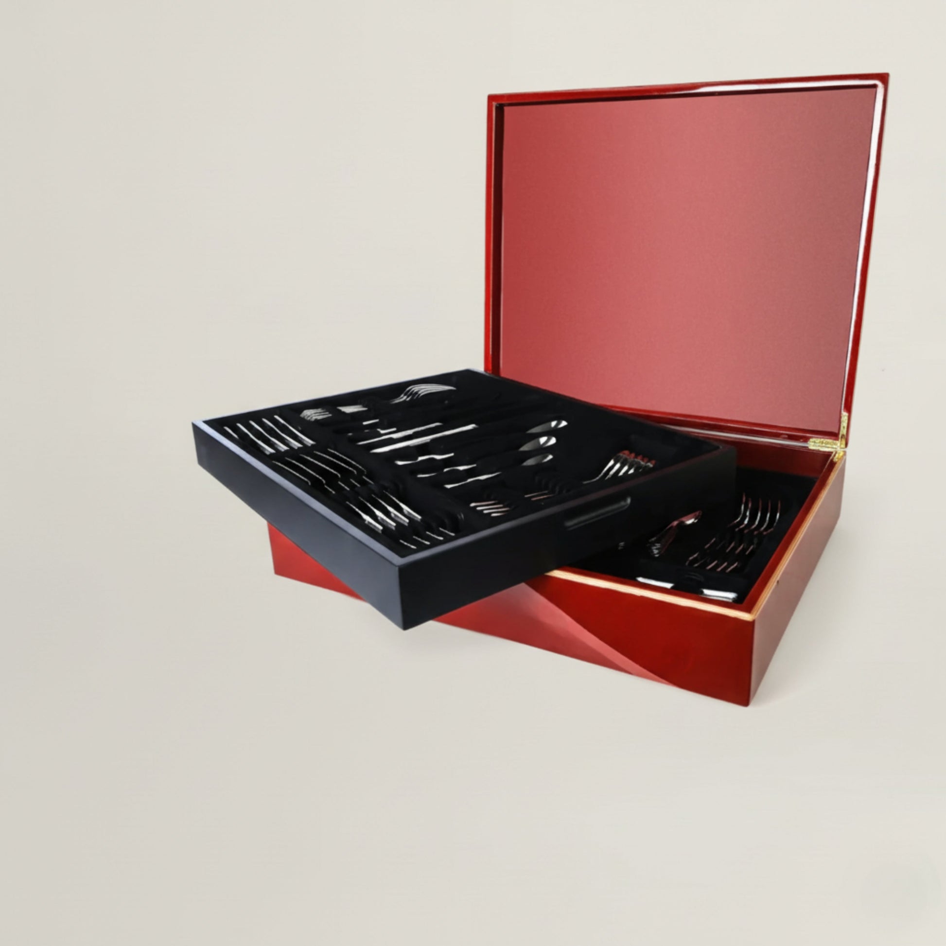Sottile 84-piece luxury stainless steel cutlery set by Fleur De Lis displayed in a premium wooden box with mirror-polished flatware.