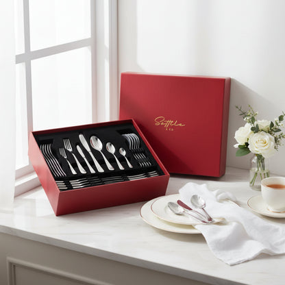 Sottile luxury cutlery set by Fleur De Lis styled for refined dining, showcasing premium stainless steel flatware and elegant gift presentation.
