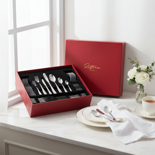 Sottile luxury cutlery set by Fleur De Lis styled for refined dining, showcasing premium stainless steel flatware and elegant gift presentation.