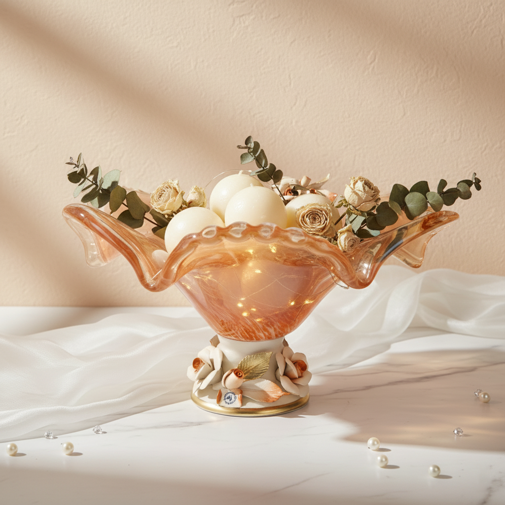 Tangerine Ripple centerpiece bowl by Fleur De Lis styled as luxury table décor, showcasing an amber ruffled glass bowl with floral detailing.