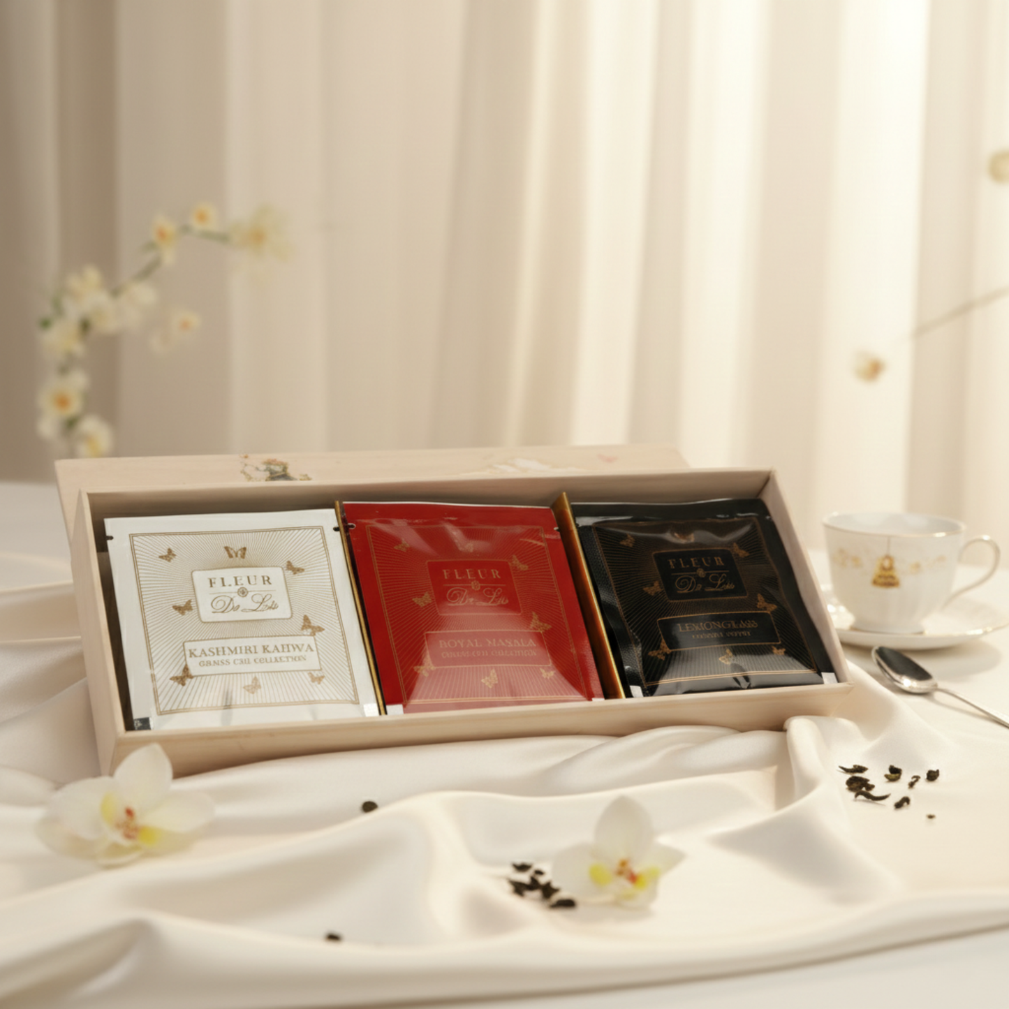 Luxury Fleur de Lis tea gift box styled with porcelain teacups and soft fabric, highlighting premium handcrafted tea blends.