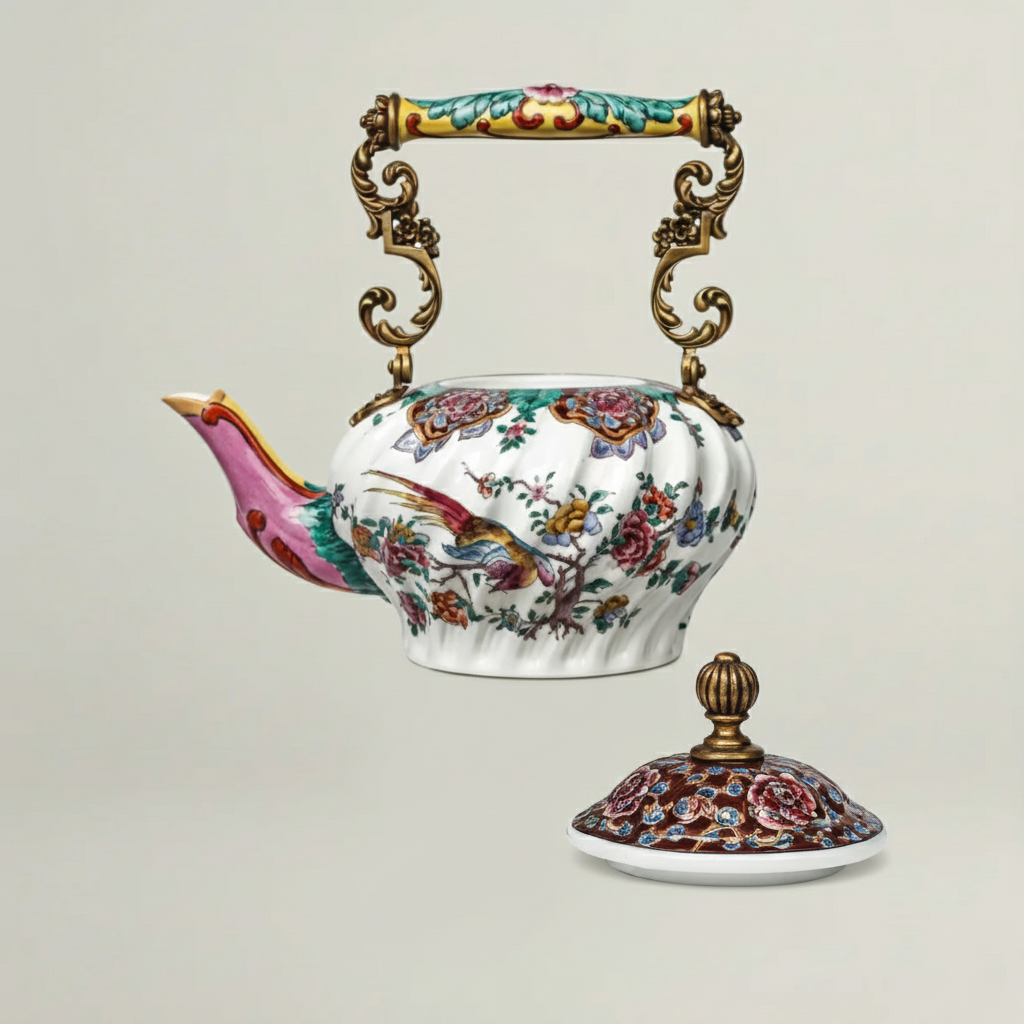 Hand-painted ceramic teapot featuring intricate floral artwork, sculpted spout, and removable decorative lid with gold finial.