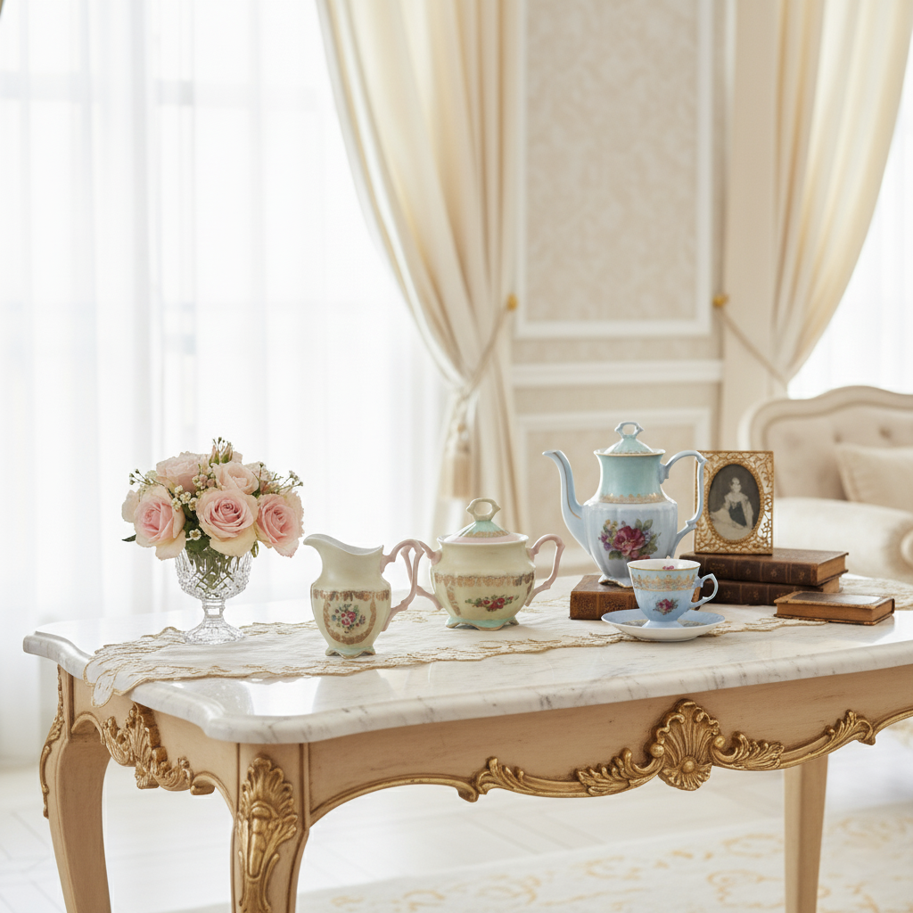 Heritage-style ceramic tea set arranged on an ornate table, creating a timeless and elegant home tea setting.
